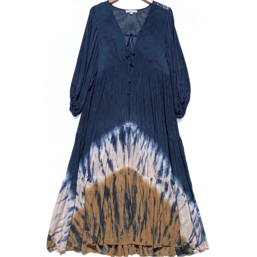 YOUNG FABULOUS AND BROKE Women’s Blue Tie dye Maxi Dress Balloon Sleeves Med.